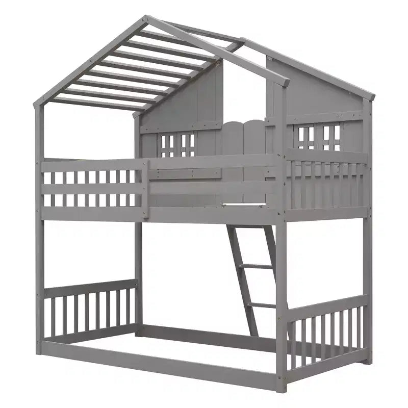 Doppel-Loftbett in Hausform, Holzspielhaus-Loftbett mit Leiter und Schutzgittern für Kinder