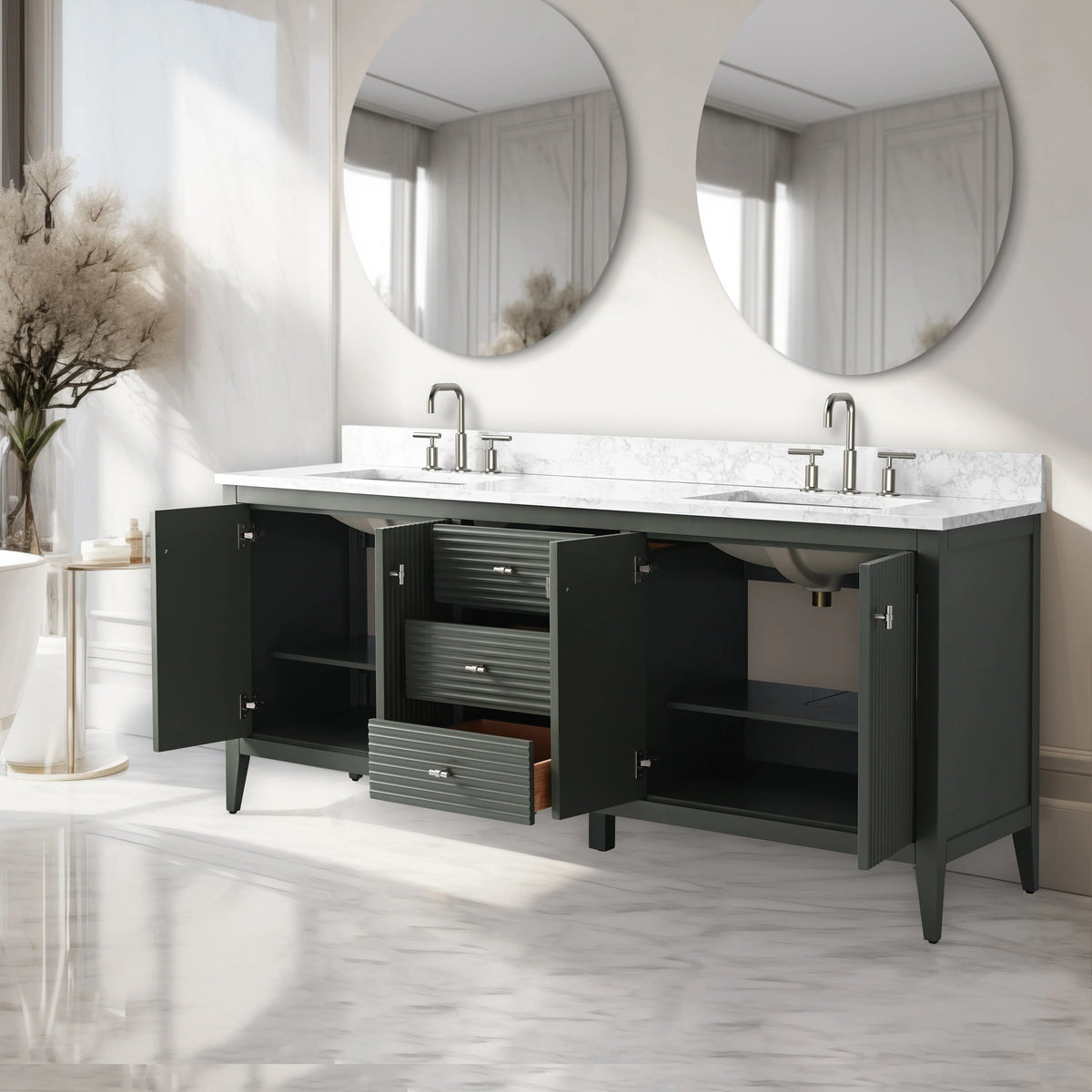 Vanity Art 72 Zoll Badezimmer-Waschtischunterschrank mit Doppelwaschbecken und Kunstmarmorplatte