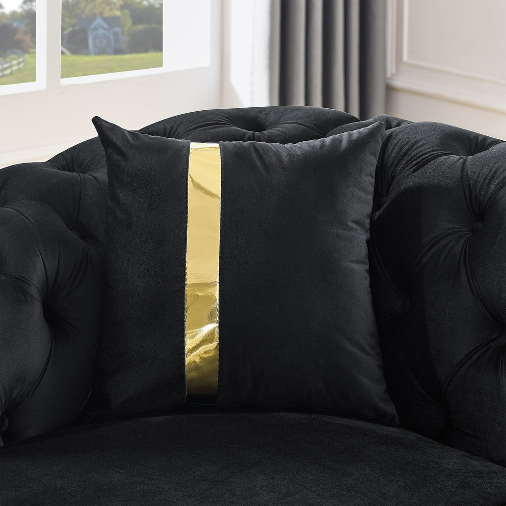90.6 Samt-Dreisitzer-Sofa mit 2 Kissen, hochdichten Polstern, goldenen Akzenten und Kissen
