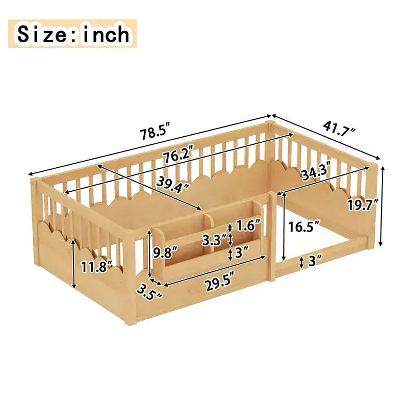 Bellemave Kinder-Bodenbett mit erhöhtem Zaun und Bücherregal, hölzernes Montessori-Bettgestell in Twin-Größe für Mädchen und Jungen