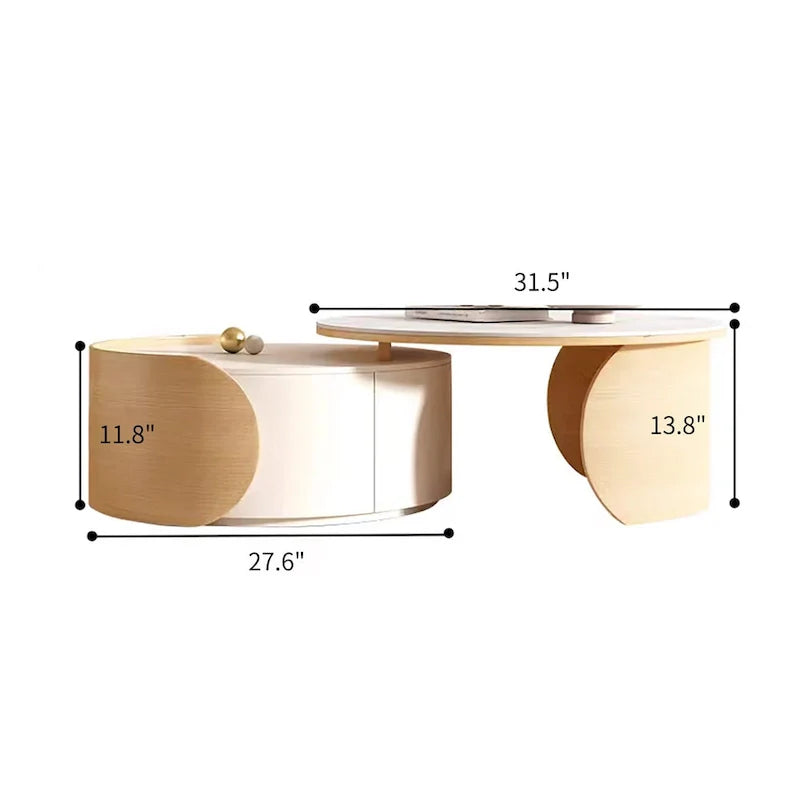 Moderner runder Couchtisch, Stein-Tischplatte, Naturholz - 50 x 31.5