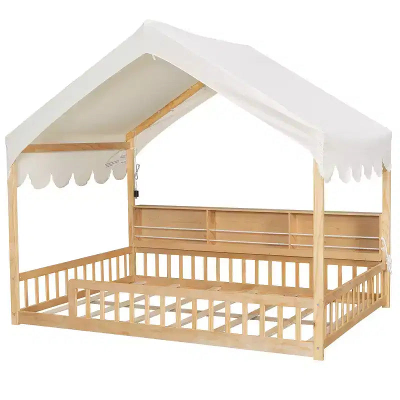 Whisen Vollholz-Bettgestell, Hausbett mit Zaun, 3 Aufbewahrungsregale, Vorhang