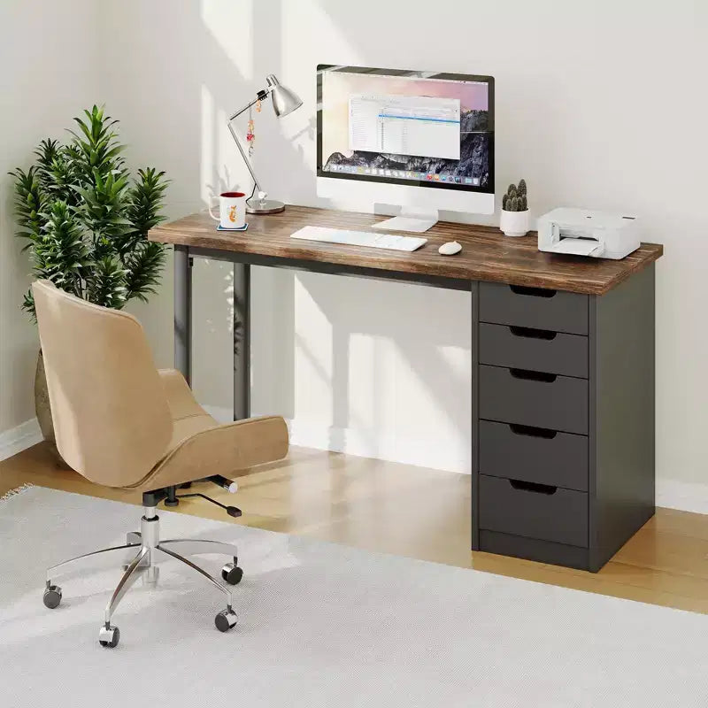 47 Zoll Computertisch mit 5 Schubladen, umkehrbarer moderner rustikaler Schreibtisch, Home-Office-Arbeitsplatz für kleine Räume