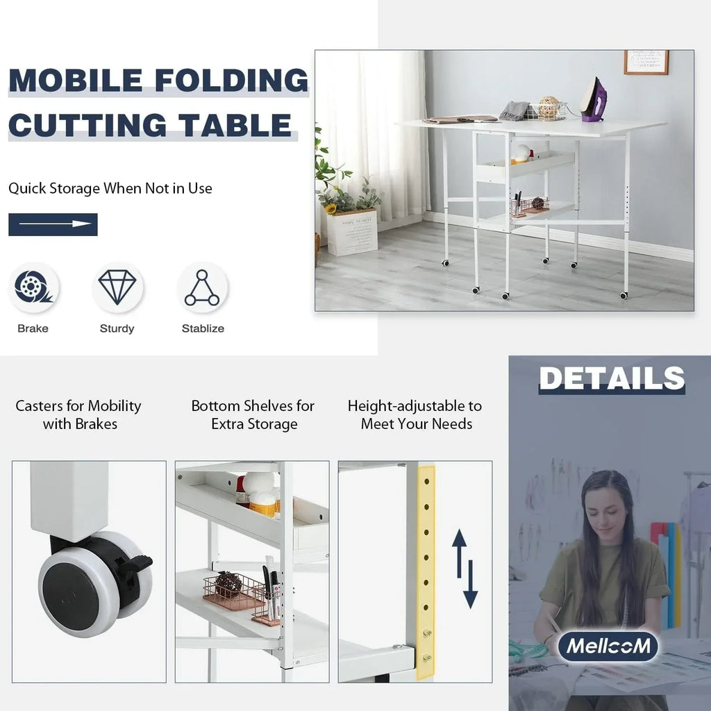 Höhenverstellbarer Basteltisch mit Ablagefächern, mobiler klappbarer Zuschneidetisch für Heimbüro, Nähzimmer, Bastelzimmer