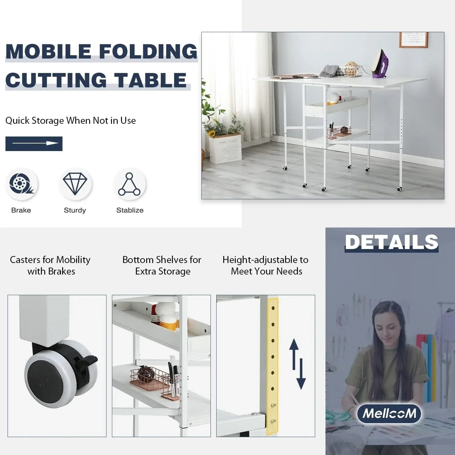 Höhenverstellbarer Basteltisch mit Ablagefächern, mobiler klappbarer Zuschneidetisch für Heimbüro, Nähzimmer, Bastelzimmer
