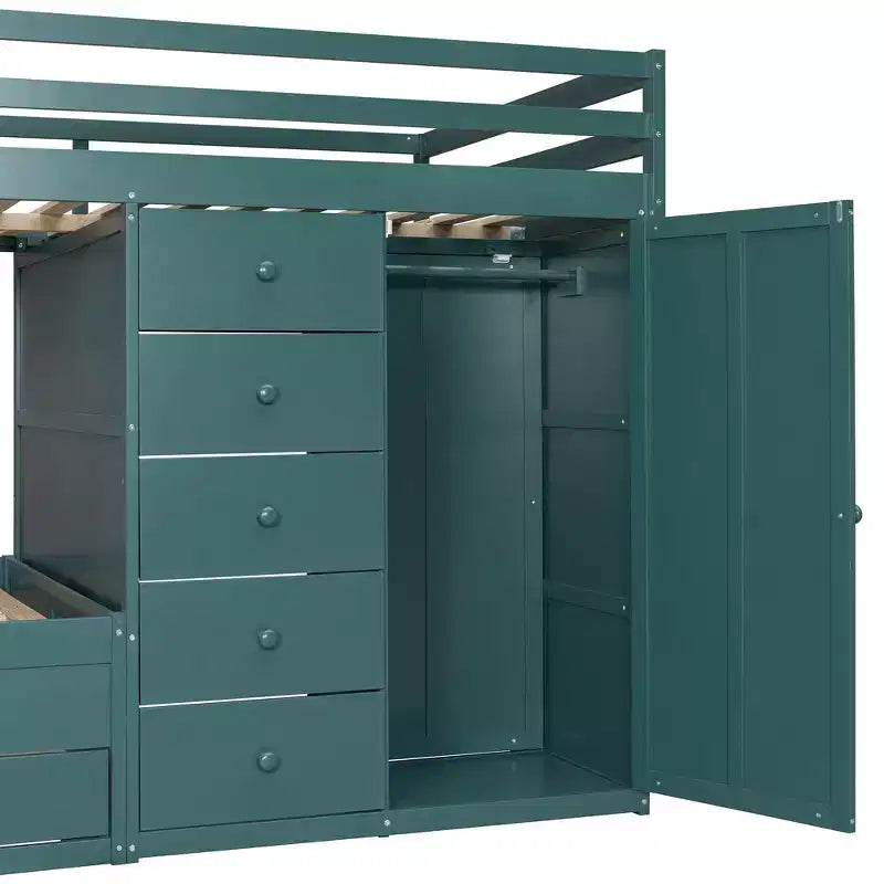 Etagenbett „Full-over-Full“ mit Kleiderschrank und Schubladen, platzsparendes Etagenbett aus Holz in voller Größe mit Rausfallschutz für Apartment, Schlafzimmer