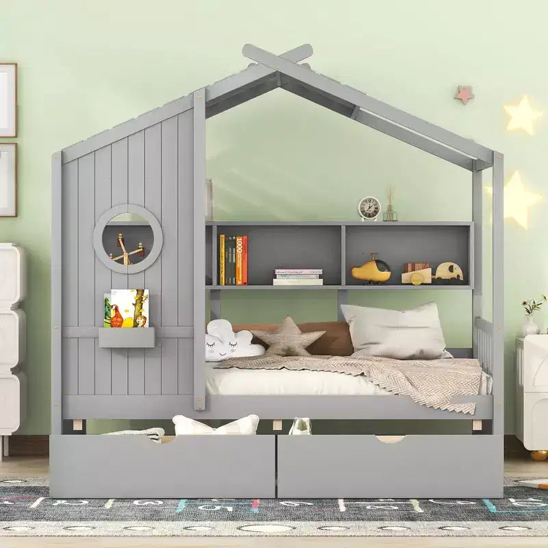 Hausbett aus Holz in Twin-/Full-Size mit 2 Schubladen, Kinderbett mit Ablageregal - ModernLuxe