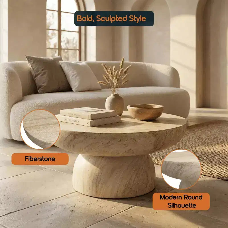 LeisureMod Lunexa Runder Couchtisch Fiberstone-Sockel Beistelltisch für den Innen- oder Außenbereich, geformtes Design mit rutschfesten Fußpolstern