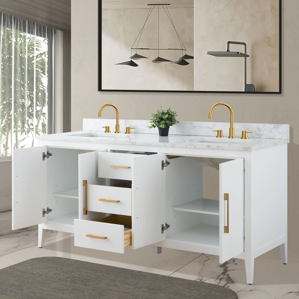 Vanity Art 72 Zoll Badezimmer-Waschtischunterschrank mit Doppelwaschbecken und Kunstmarmorplatte