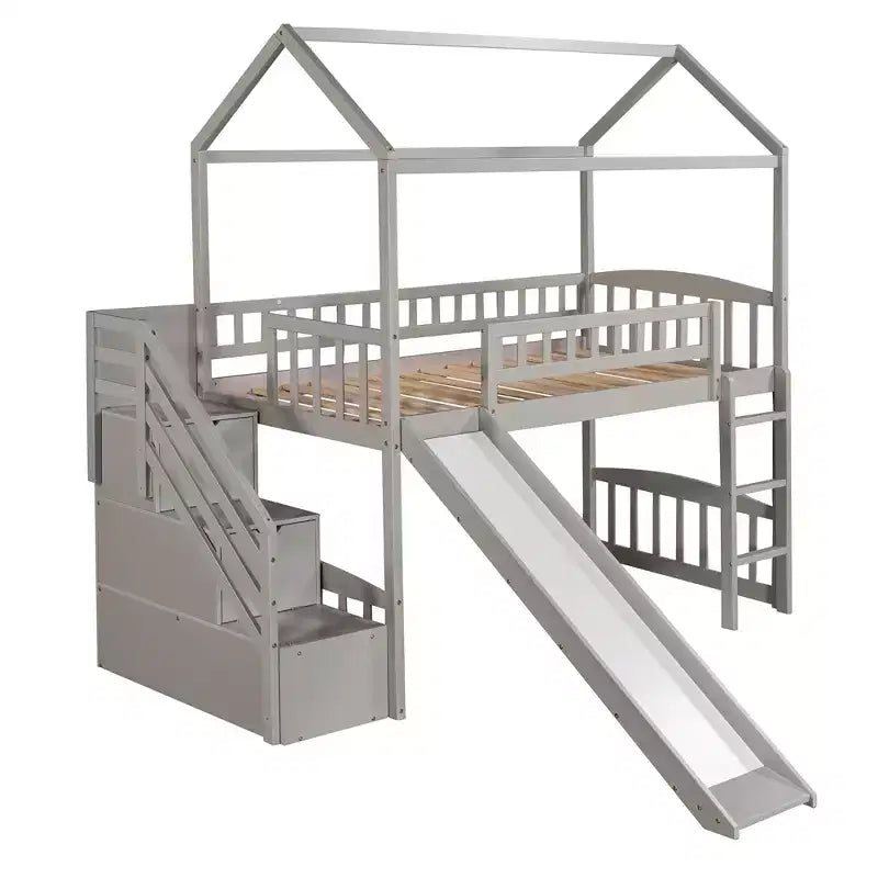 Doppelhaus-Hochbett mit Rutsche und Treppe, Hochbett mit Aufbewahrungsschubladen, Holzhaus-Hochbett für Kinder und Kleinkinder