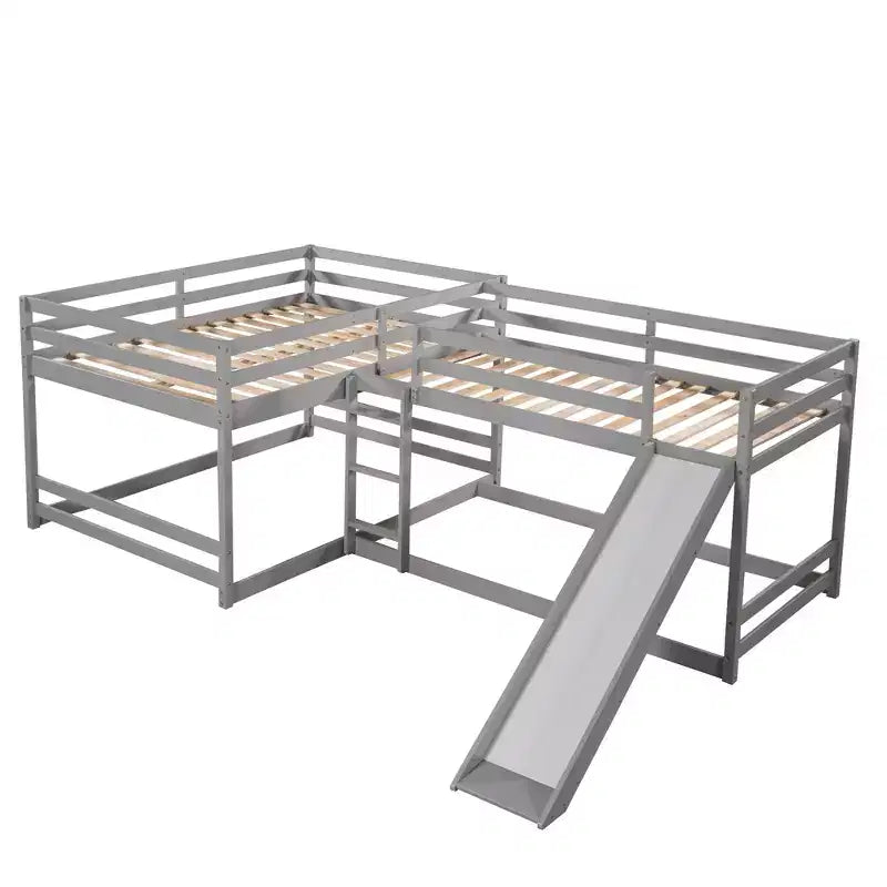 L-förmiges Etagenbett für 4 Kinder, Vierfach-Etagenbett mit Rutsche, Voll- und Twin-Holzrahmen für Schlafzimmer/Wohnheim
