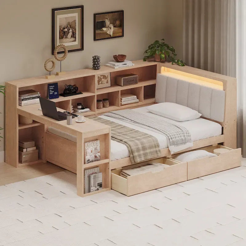 L-förmiges Holzsofa-Tagesbett mit Schreibtisch, Bücherregal, Eckbett mit Schubladen unter dem Bett, gepolstertem Kopfteil und integrierter Beleuchtung