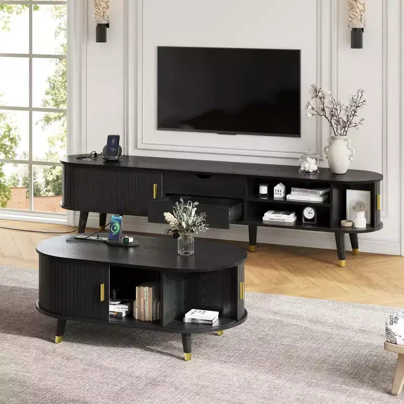 CLIHOME TV-Schrank und Couchtisch-Set aus Holz im Farmhouse-Stil mit Ladestation, ovales, gerilltes Medienboard für Fernseher bis 80 Zoll