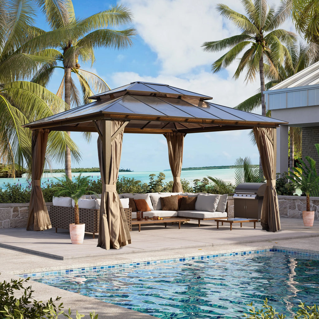 EROMMY Hardtop-Pavillon, Outdoor-Pergola mit Doppeldach & Netzen & Vorhängen, Hochleistungs-Canopy für Terrasse, Garten, Poolparty