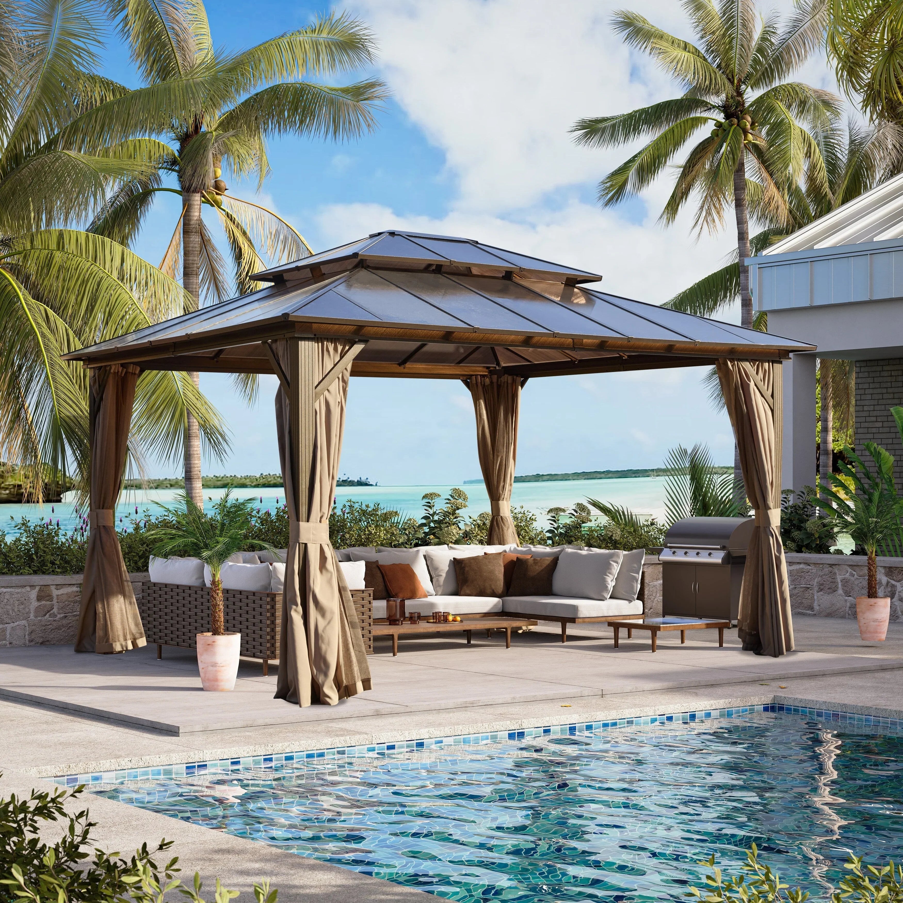 EROMMY Hardtop-Pavillon, Outdoor-Pergola mit Doppeldach & Netzen & Vorhängen, Hochleistungs-Canopy für Terrasse, Garten, Poolparty