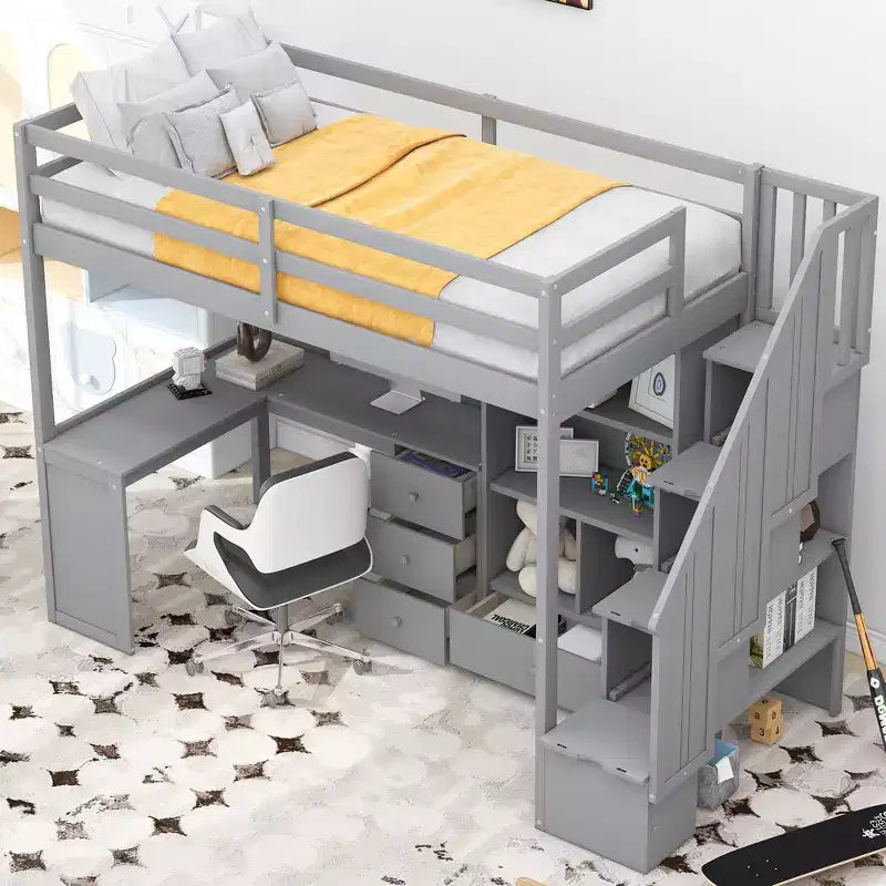 Hochbett in Twin-Größe mit L-förmigem Schreibtisch, 3 Schubladen, Schrank, Treppenstauraum, aus massivem Kiefernholz/MDF gefertigt