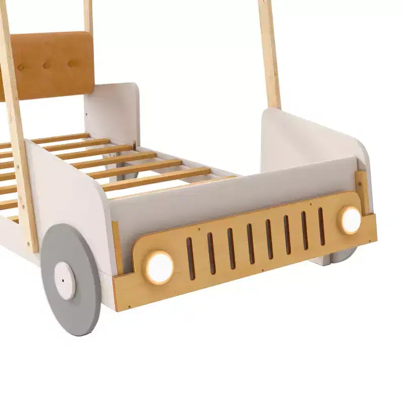 Whisen Holzbett Auto mit Kissen, Decke und LED - Natur