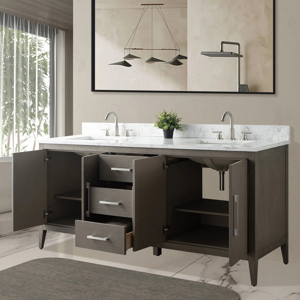 Vanity Art 72 Zoll Badezimmer-Waschtischunterschrank mit Doppelwaschbecken und Kunstmarmorplatte
