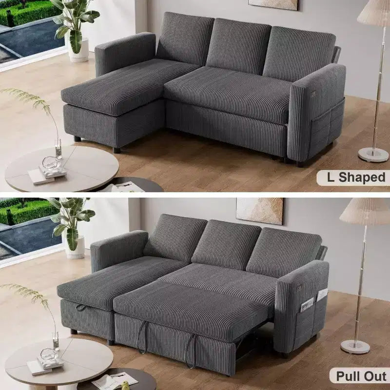 Dyonery 2-in-1 Schlafsofa ausziehbar mit Stauraum-Recamiere, Cord-Ecksofa mit USB-Anschlüssen für das Wohnzimmer