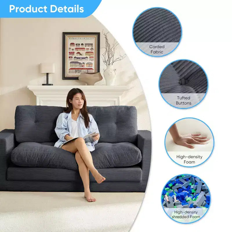 Mjkone 71" 2-in-1 Schlafsofa, umwandelbar, gerippter Stoff, klappbares Zweisitzer-Schlafsofa mit geknöpften Polstern, platzsparend