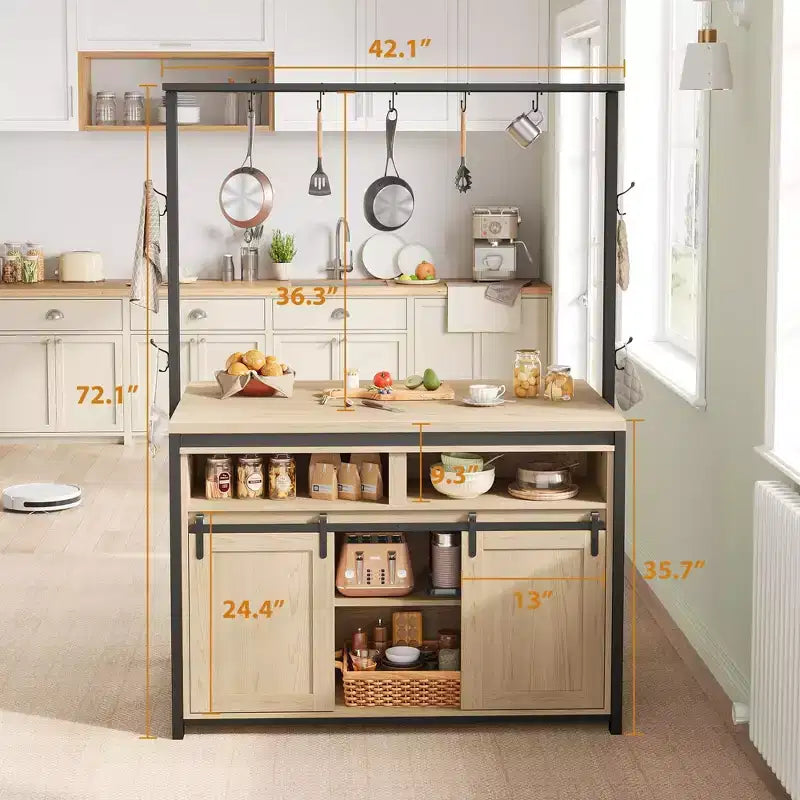 Kücheninsel, Bäckerregal mit Schiebetür im Scheunentor-Stil, 42 Zoll großer Kücheninsel-Tisch mit 3-stufigem Mikrowellenständer, Ofenregalen, Kaffeebartisch-Set