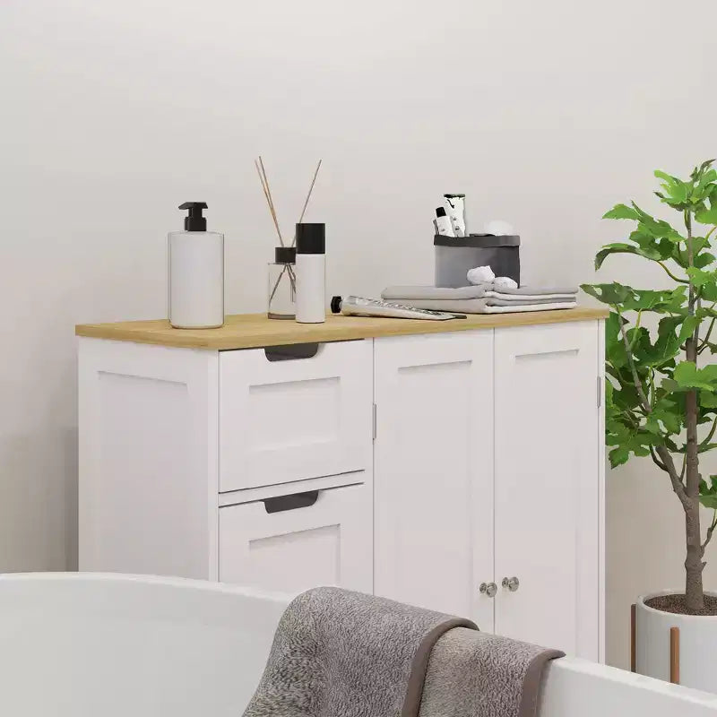 HOMCOM Badschrank mit verstellbarem Regal, freistehender Badezimmer-Aufbewahrungsschrank mit 4 Schubladen und 2 Türen, Weiß