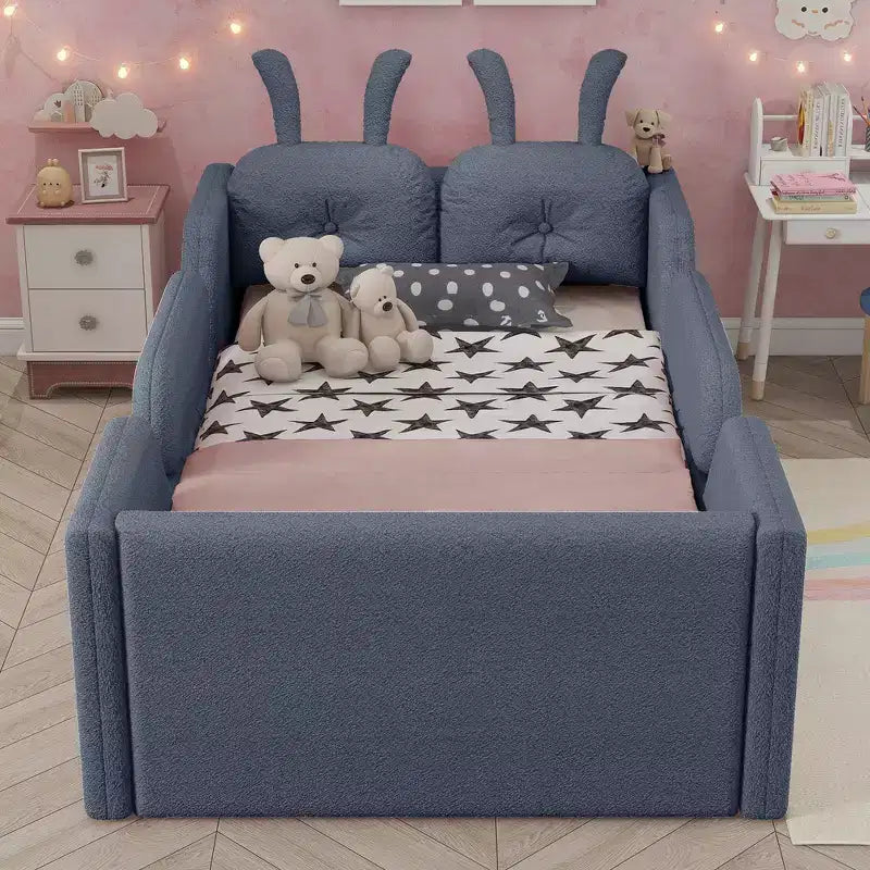 Whisen Twin Plattformbett, Kinder-Bodenpolsterbettgestell mit Hasenkissen, abnehmbare Seitengitter