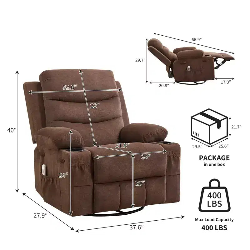Übergroßer 360°-Dreh- und Schaukelsessel mit Massage und Heizung – Ergonomischer Loungesessel mit Getränkehaltern, Seitentaschen für Wohnzimmer, Kinderzimmer