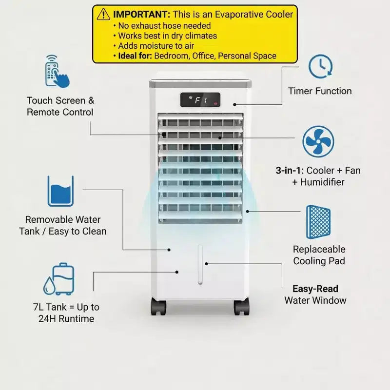 7L tragbarer Verdunstungskühler mit Fernbedienung, 3 Geschwindigkeiten, Timer und oszillierendem Ventilator für das Home Office