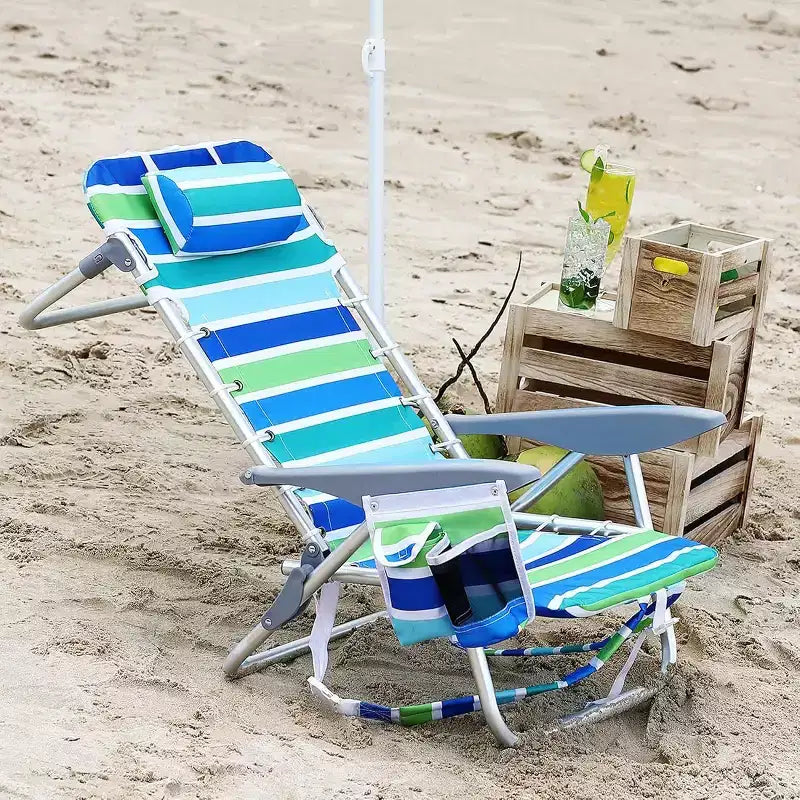Acekool 2er-Pack leichter Rucksack-Strandstuhl, faltbarer Liegestuhl mit 5 Positionen für Erwachsene mit Gurten, Getränkehalter und Handtuchstange, belastbar bis 136 kg