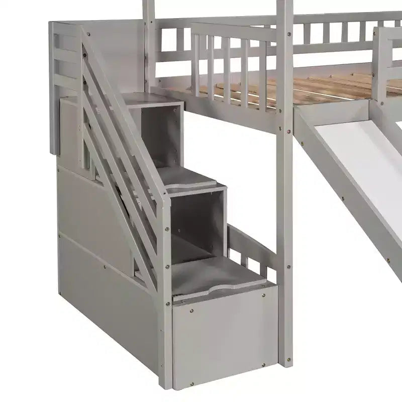 Doppelhaus-Hochbett mit Rutsche und Treppe, Hochbett mit Aufbewahrungsschubladen, Holzhaus-Hochbett für Kinder und Kleinkinder