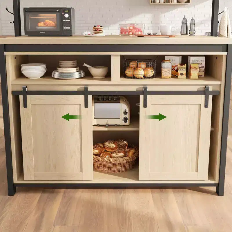 Kücheninsel, Bäckerregal mit Schiebetür im Scheunentor-Stil, 42 Zoll großer Kücheninsel-Tisch mit 3-stufigem Mikrowellenständer, Ofenregalen, Kaffeebartisch-Set