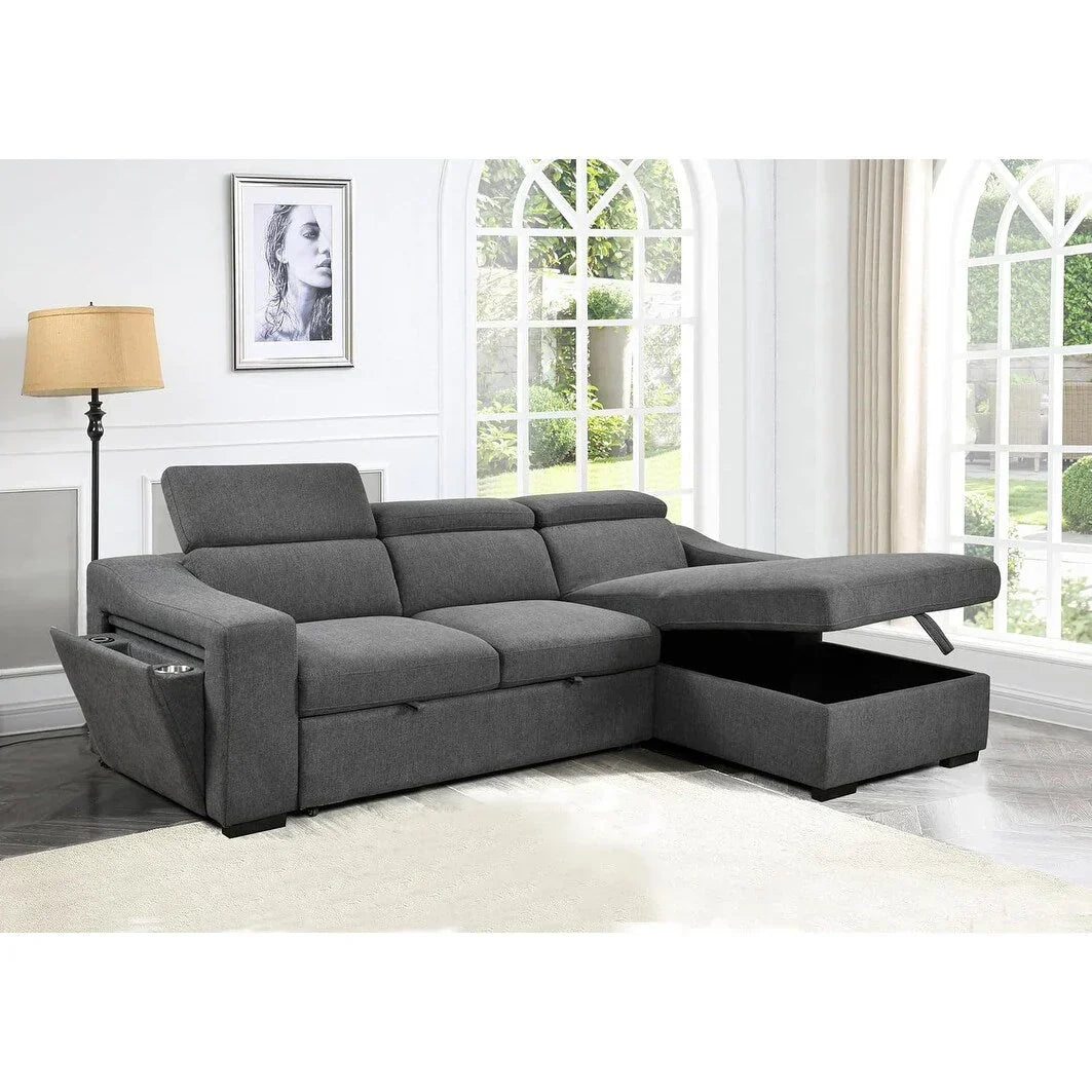 Roomfitters 103 Cabrio-Ecksofa mit Stauraum-Recamiere, verstellbaren Kopfstützen, L-förmigem Schlafsofa, Dunkelgrau