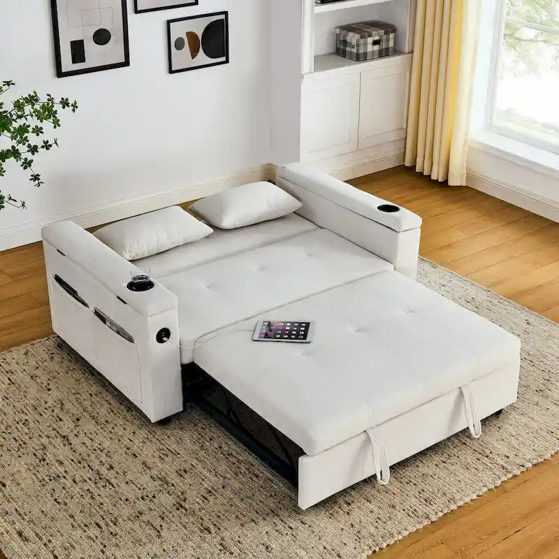 54 Schlafsofa zum Ausziehen, 2-Sitzer-Schlafsofa mit Stauraum, Lendenkissen, USB-Steckdose