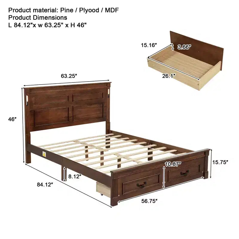 ModernLuxe Bettrahmen für Queensize-/Kingsize-Betten mit hohem Kopfteil, rustikales Holzbettgestell mit 2 Schubladen, LED-Beleuchtung und USB-Anschlüssen
