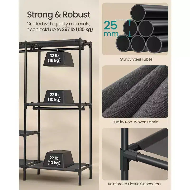 SONGMICS Kleiderständer, Schwerlast-Garderobenschrank-Organizer mit Kleiderstangen und Regalen, Gesamtbelastbarkeit 135 kg, einfache Montage, Tintenschwarz