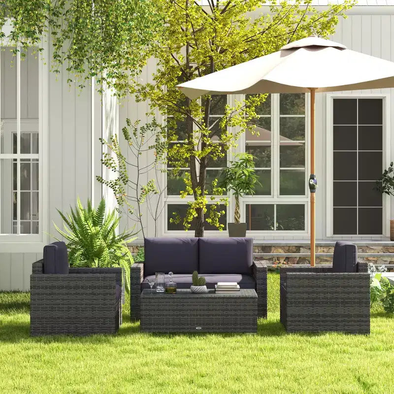 4-teiliges Rattan-Sofa-Set, Korbsessel-Set mit Zweisitzer, Couchtisch mit Glasplatte für Garten und Außenbereich