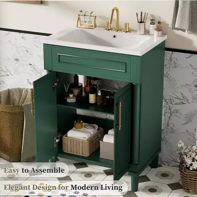 24-Zoll-Badezimmerwaschtisch mit Keramikwaschbecken, Shaker-Schrank, 2 Soft-Close-Türen, Massivholzrahmen für kleines Bad oder Gästetoilette