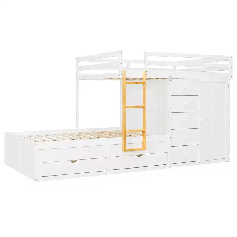 Etagenbett „Full-over-Full“ mit Kleiderschrank und Schubladen, platzsparendes Etagenbett aus Holz in voller Größe mit Rausfallschutz für Apartment, Schlafzimmer