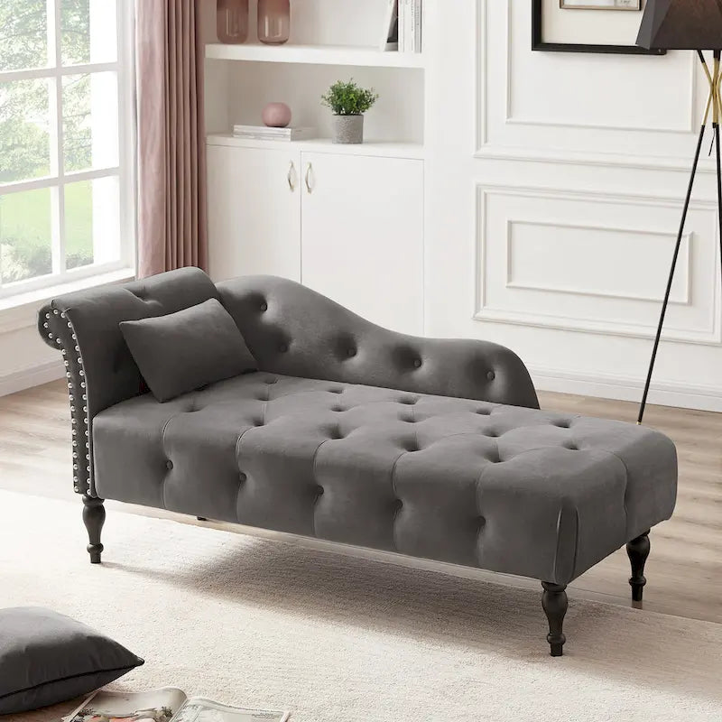 Moderne 60.6 Samt gepolsterte Knöpfe getuftete Chaiselongue mit Massivholzbeinen und Ziernägeln
