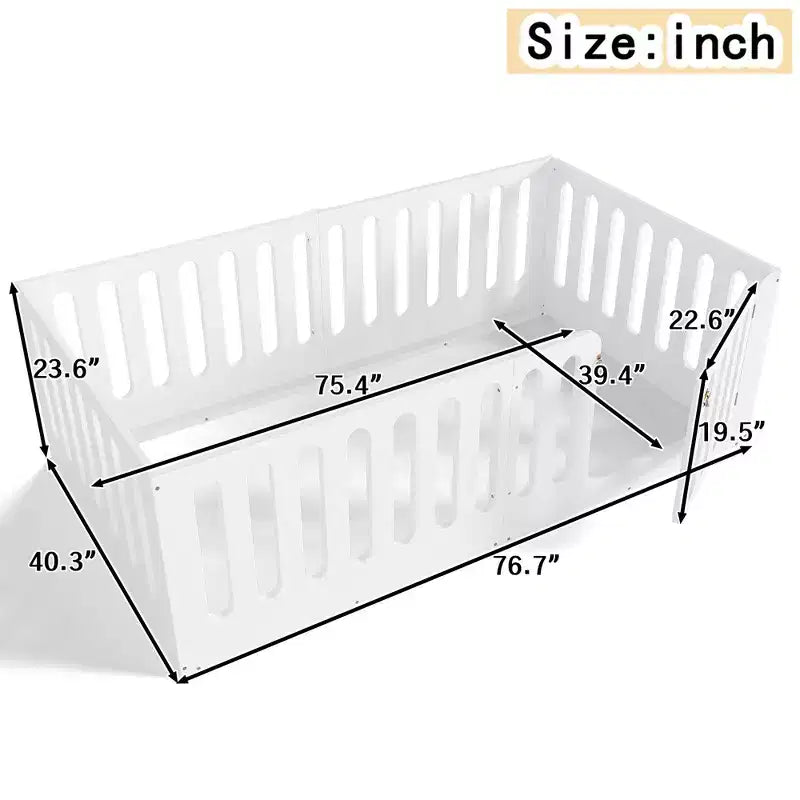 Weißes Twin Montessori Bodenbett mit Zaungittern & Tür – Massivholz, 1 Kind