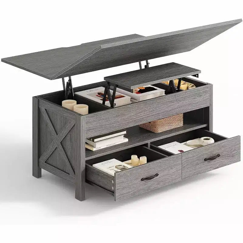 Couchtisch mit Stauraum, Couchtisch im Landhausstil, Couchtisch mit zwei Schubladen, Couchtisch für Wohnzimmer und Homeoffice