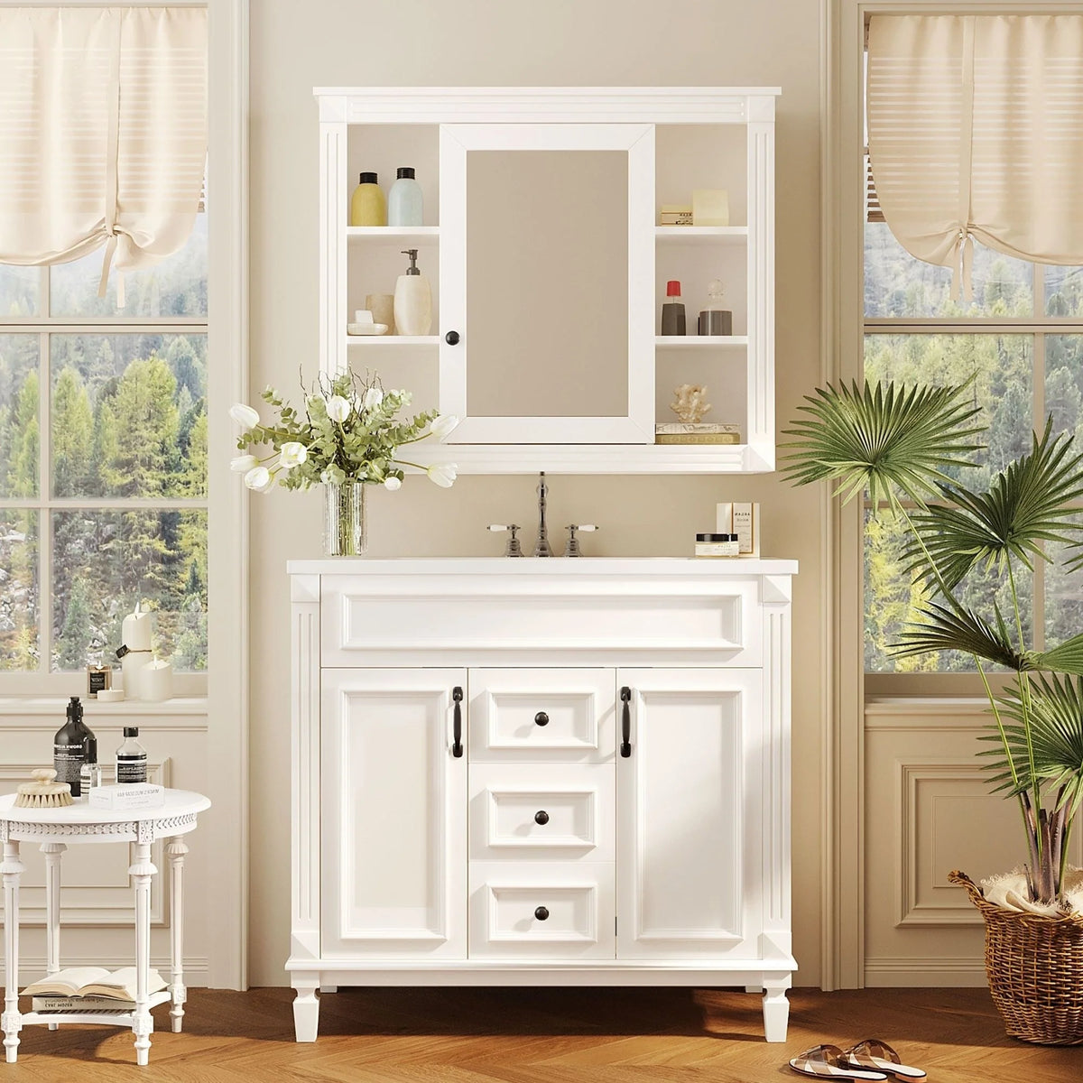 Moderner 36'' Badschrank mit Aufsatzwaschbecken und Spiegelschrank, 2 Türen und 2 Schubladen