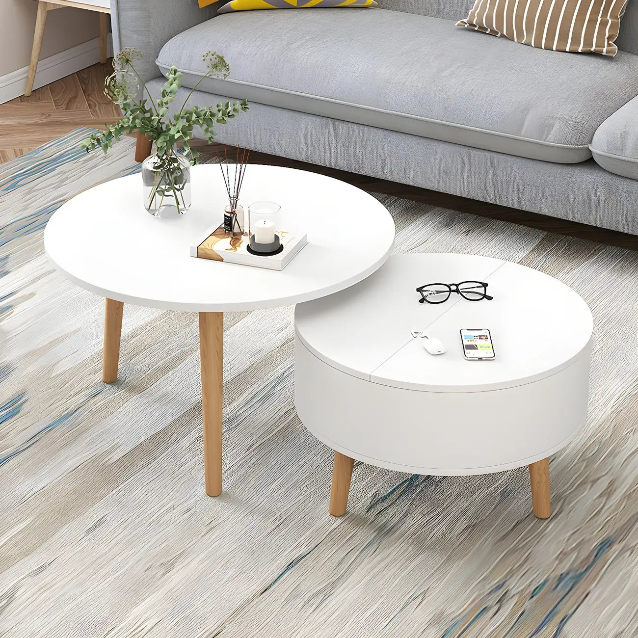 Schwarz Weiß Moderner Runder Couchtisch aus Holz mit Stauraum