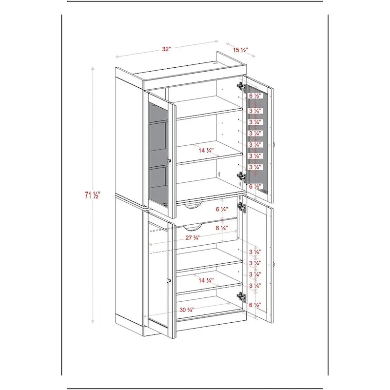 Vollholz-Vorratschrank mit Milchglastüren, Holztüren, 2 Schubladen und verstellbaren Einlegeböden