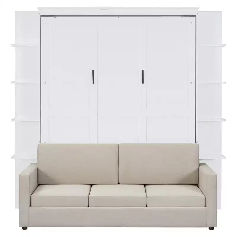 Whisen Modern Design Queen-Size Schrankbett mit Holzrahmen, Sofa und Regalen