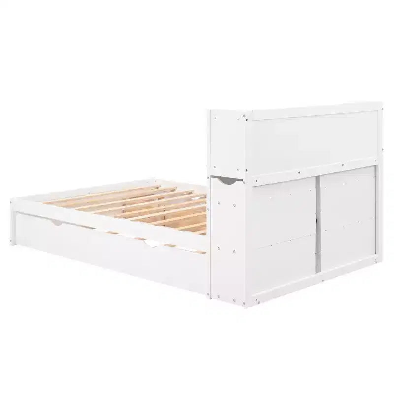Plattformbett in voller Größe mit Stauraum, Ausziehbett, Kopfteil mit Bücherregal und Ladestation, Bettgestell aus Holz in voller Größe mit Regalen und Schubladen