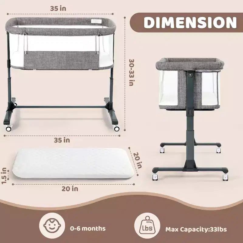 Baby-Beistellbett mit Rollen – Beige / Grau / Rosa, Bettschläfer, für 1 Baby
