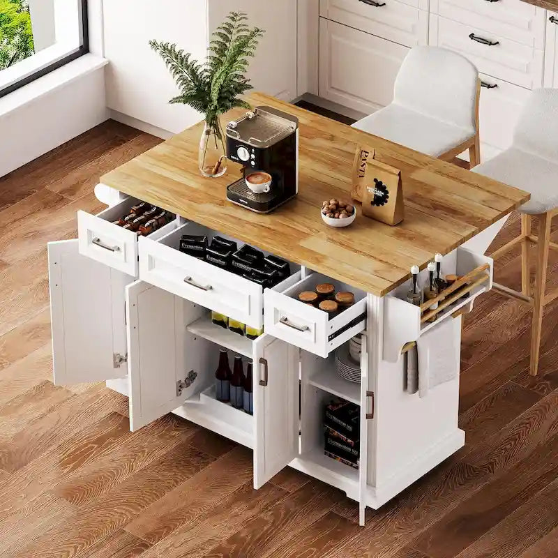 Große Kücheninsel mit Holzklapptisch, geprägter Rollküchenwagen mit Türen und Schubladen mit Stauraum für die Küche, Weiß