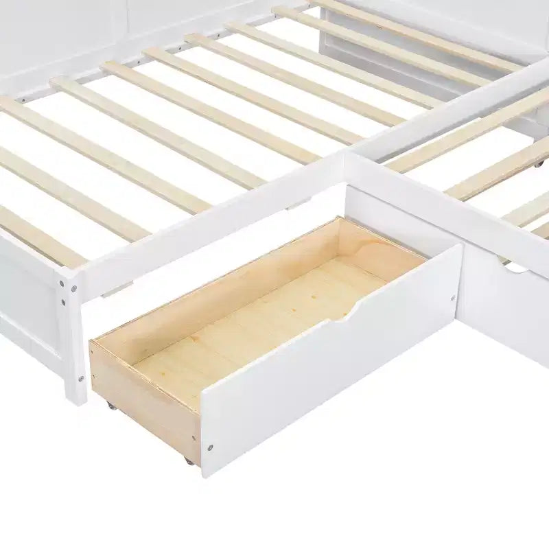 L-förmiges Plattformbett in Twin-Größe mit Rollbett und Ladestation, Holzbettgestell mit Bücherregal